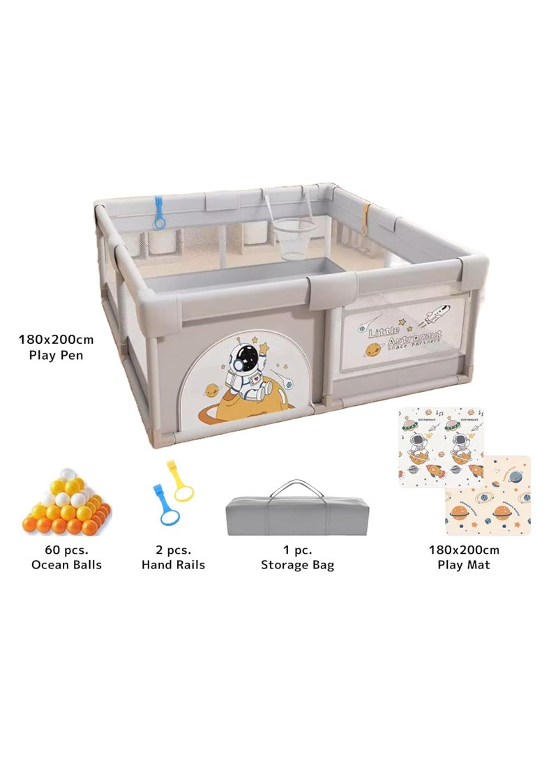 Extra Large 180x200cm Baby Playpen with Zip Gate Opening, Play Mat, 60 Ocean Balls and 2 Plastic Handles (Astronaut Design)