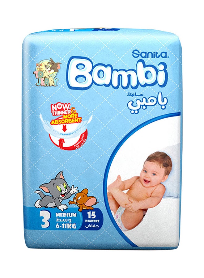 Baby Diapers, Size 3, 6 - 11 Kg, 15 Count - Medium, Regular Pack, Now Thinner And More Absorbent