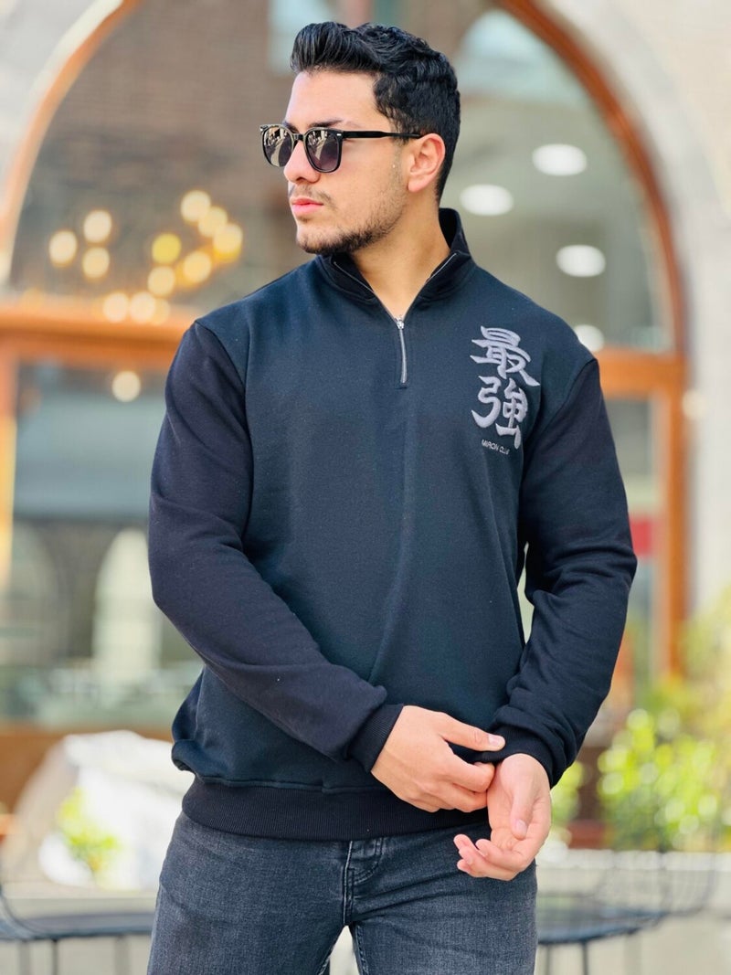 Black Three Thread Zippered Regular Fit Sweatshirt with Embroidery Detail