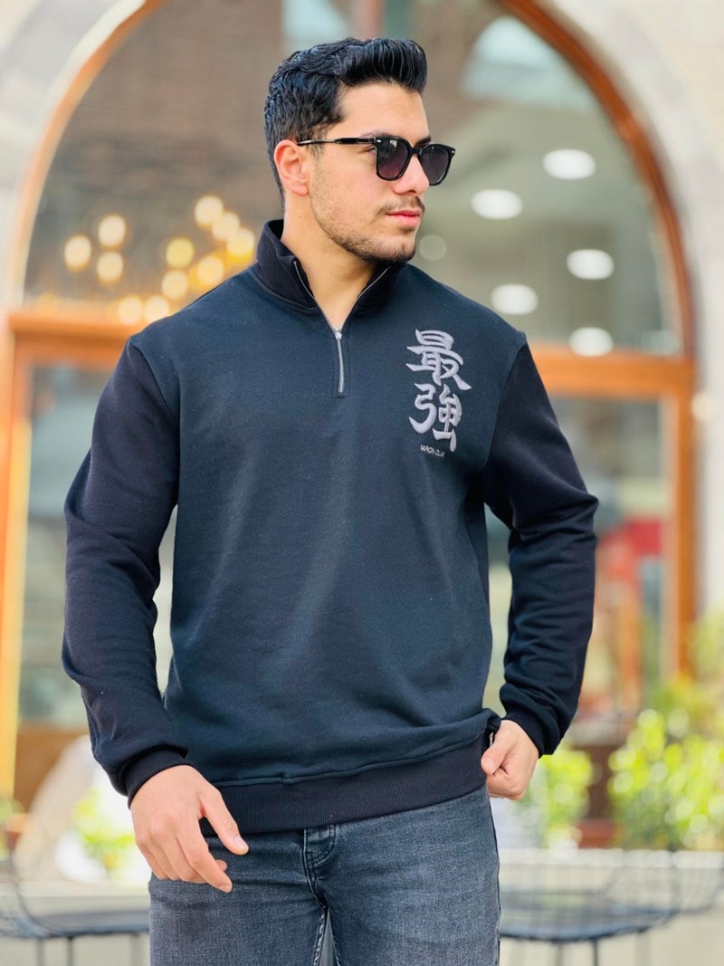 Black Three Thread Zippered Regular Fit Sweatshirt with Embroidery Detail