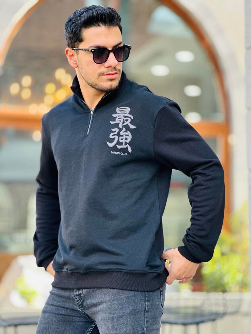 Black Three Thread Zippered Regular Fit Sweatshirt with Embroidery Detail