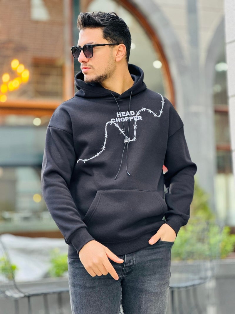 Black Three Thread Head Chopper Embroidered Oversize Hooded Sweatshirt