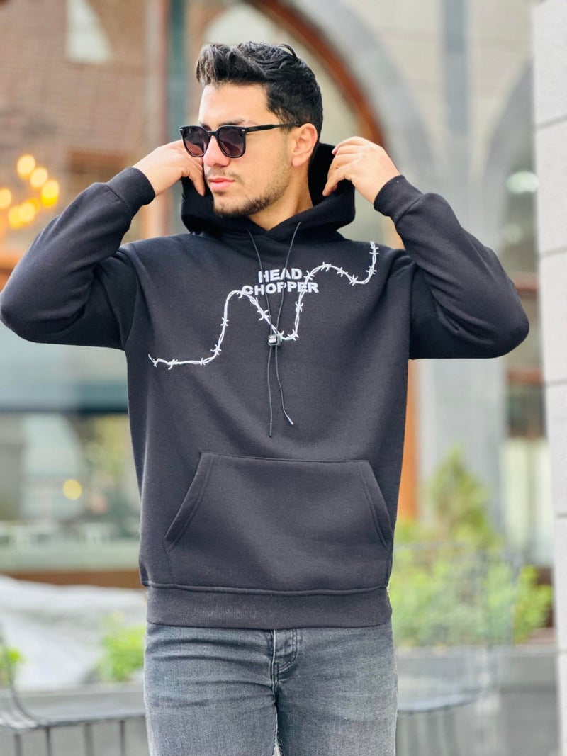 Black Three Thread Head Chopper Embroidered Oversize Hooded Sweatshirt