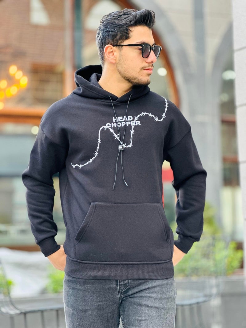 Black Three Thread Head Chopper Embroidered Oversize Hooded Sweatshirt