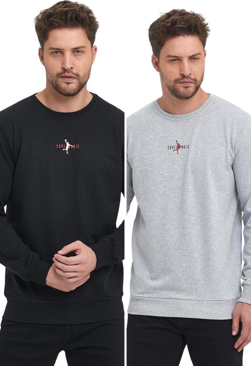 Metalic Black-Grey Men's Supermagic Chest Printed Basic 2-Pack Sweatshirt