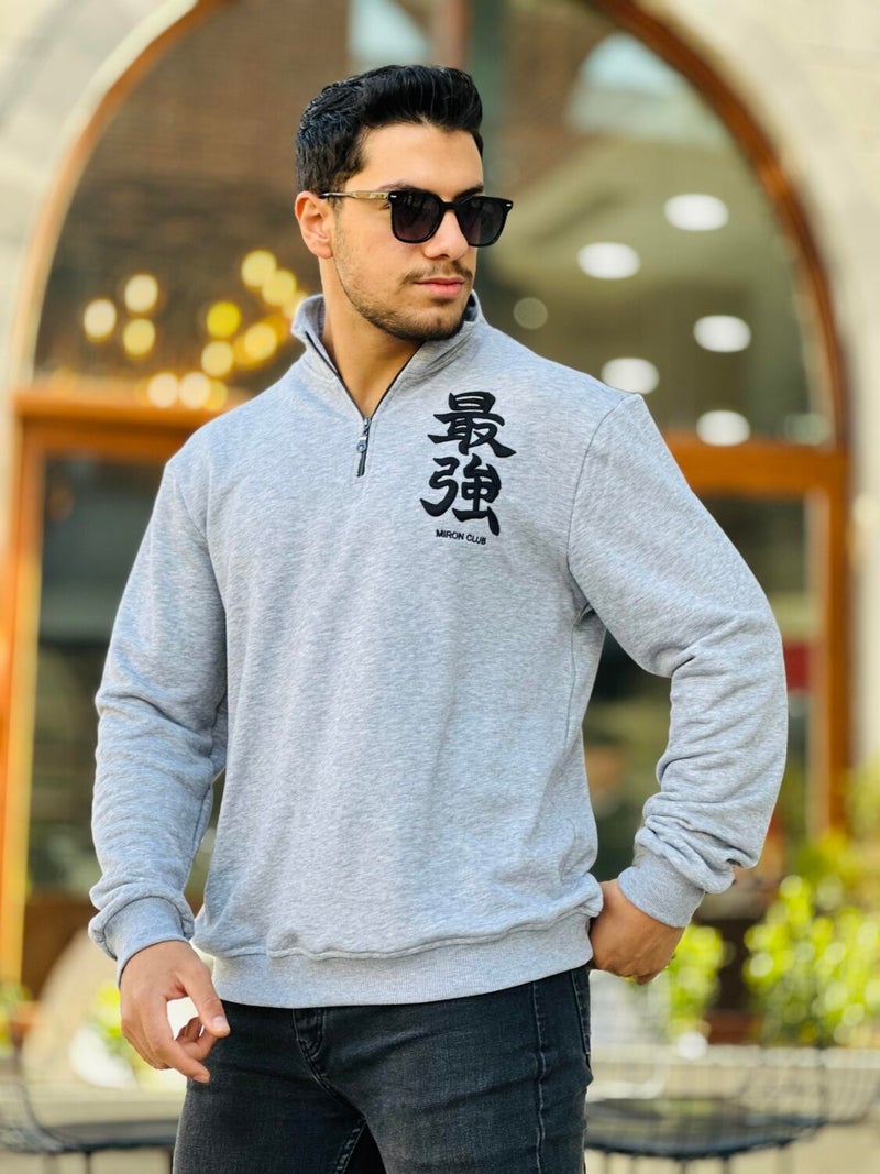 Gray Three Thread Zippered Regular Fit Sweatshirt with Embroidery Detail