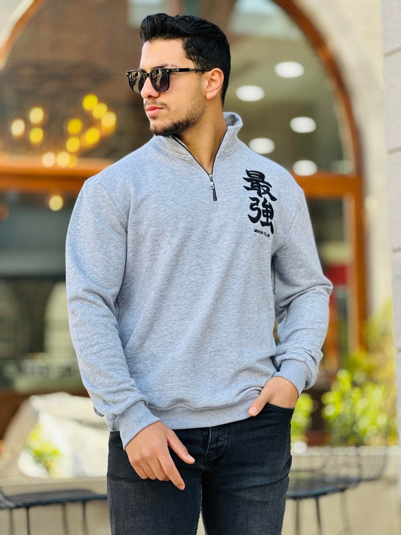 Gray Three Thread Zippered Regular Fit Sweatshirt with Embroidery Detail