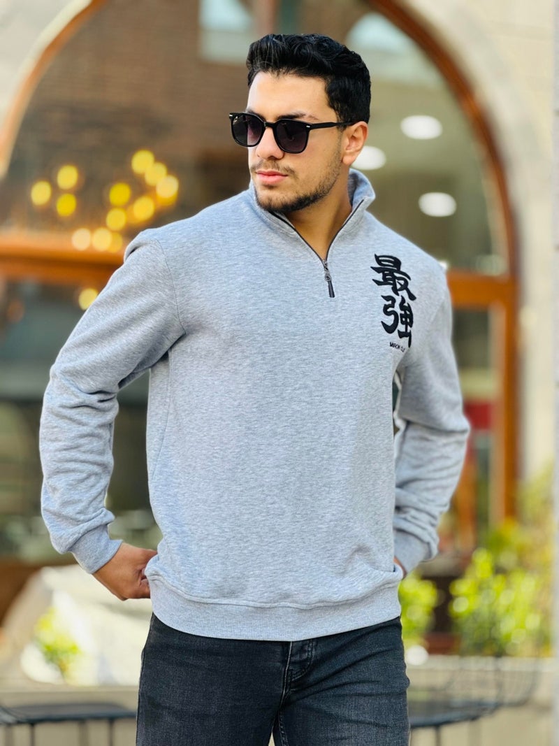 Gray Three Thread Zippered Regular Fit Sweatshirt with Embroidery Detail