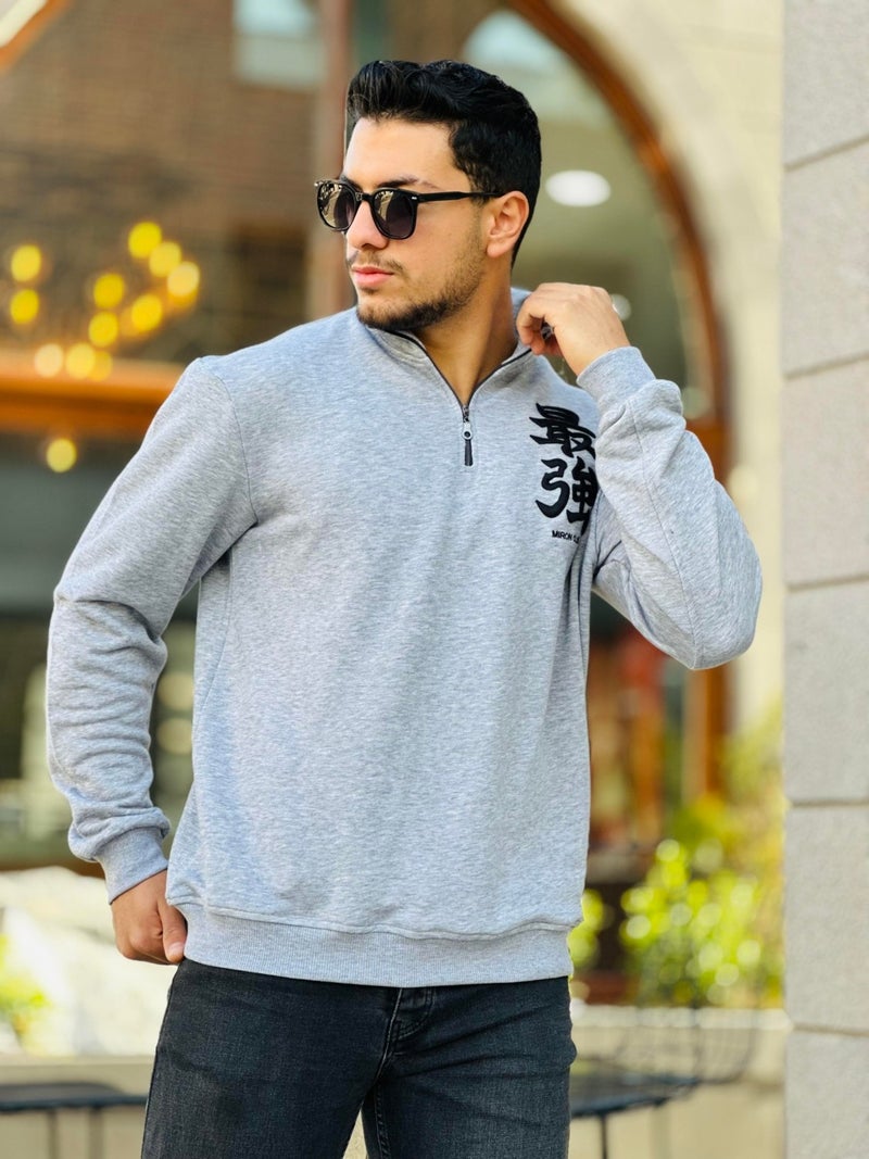 Gray Three Thread Zippered Regular Fit Sweatshirt with Embroidery Detail