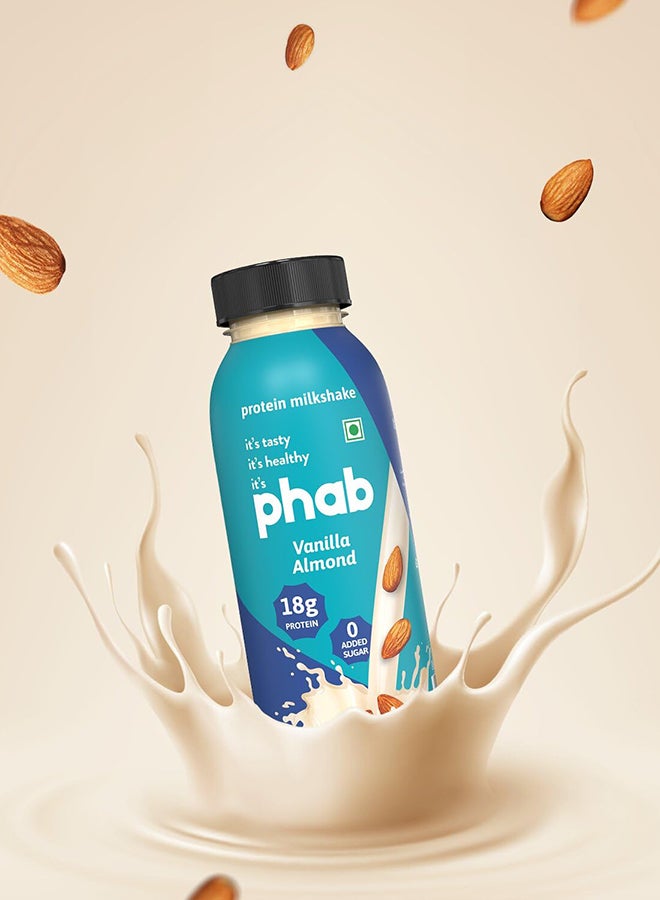 Phab Vanilla Almond Milkshakes with 18g Protein & No Added Sugar | Gluten-Free & Gut-Friendly, Trans Fat Free | Rich Source of Fibre & Prebiotics | Healthy & Delicious Protein Shake (200ml, Pack of 6)