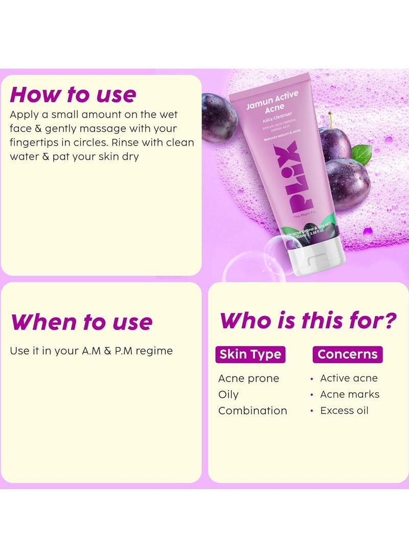 Jamun Active Acne Range With Cleanser 2 percent Salicylic Acid Serum Smoothie Moisturizer and Toner Reduces Active Acne Detoxifies The Skin  Soothes Redness All Skin Types