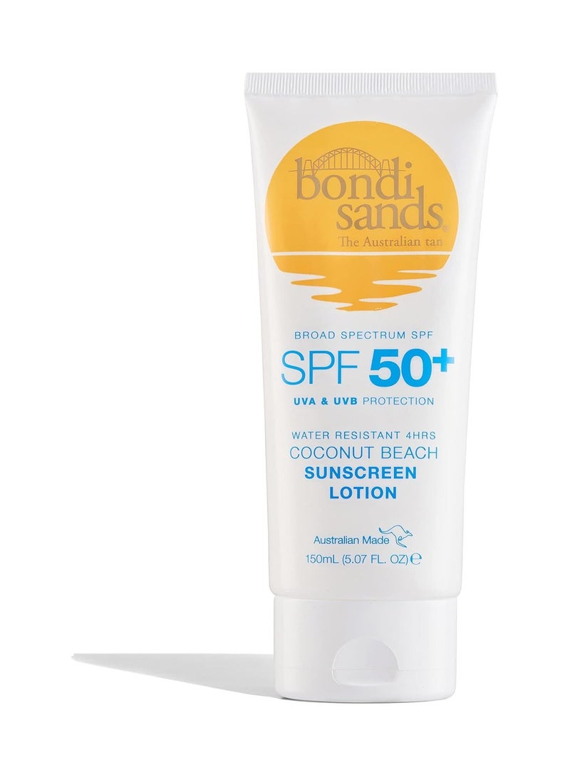 Sunscreen Lotion SPF 50 Non Greasy Broad Spectrum Formula Moisturizes and Protects Skin Water Resistant Up To 4 Hours and Cruelty Free Coconut Beach Scent 150 mL 5 07 Oz