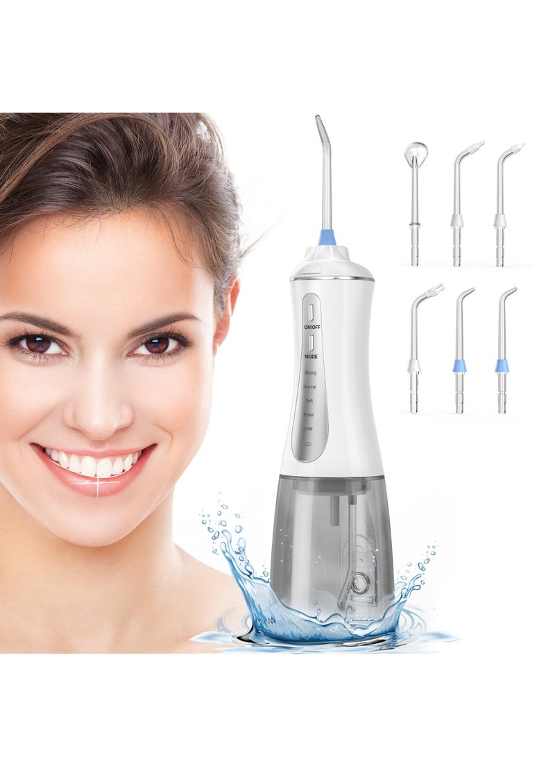 Irrigador Dental Portatil Profesional, 350ML Water Flosser, Irrigador Bucal Inalámbrico Profesional 6 Boquillas 5 Modos, IPX7 Impermeable USB-C Recargable para Limpieza Dientes（Blanco）