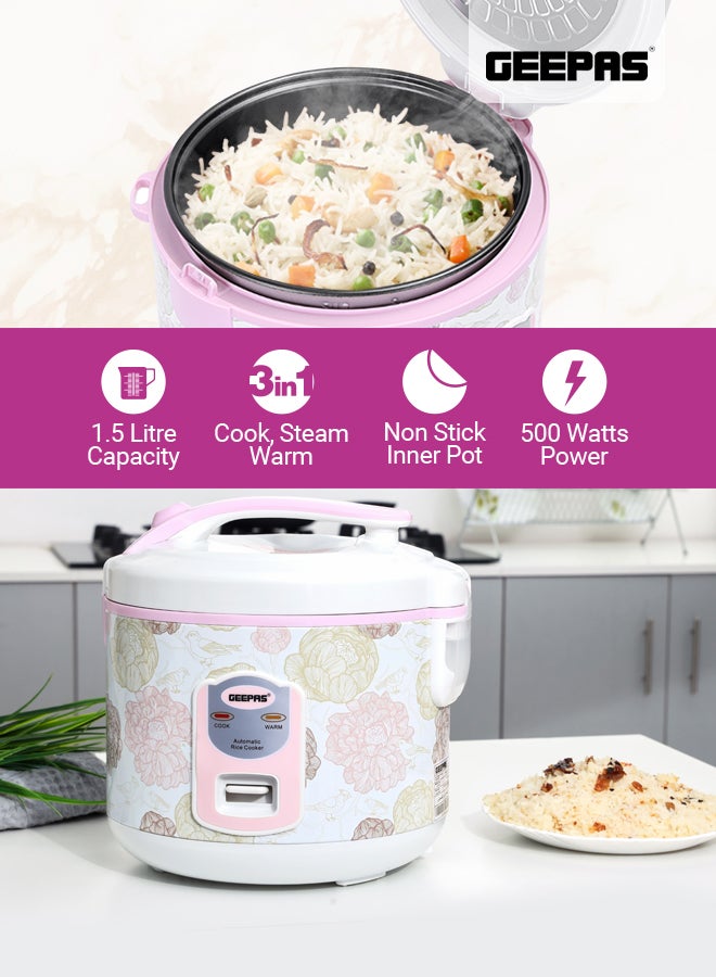 Non-Stick Electric Rice Cooker With Steaming Function, Non-Stick Inner Pot, Cool Touch Handle, Air Tight LID 1.5 L 544 W GRC4334N White/Pink/Green