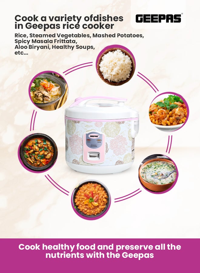 Non-Stick Electric Rice Cooker With Steaming Function, Non-Stick Inner Pot, Cool Touch Handle, Air Tight LID 1.5 L 544 W GRC4334N White/Pink/Green