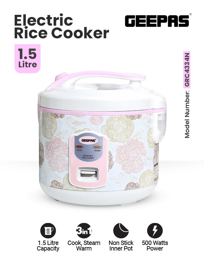 Non-Stick Electric Rice Cooker With Steaming Function, Non-Stick Inner Pot, Cool Touch Handle, Air Tight LID 1.5 L 544 W GRC4334N White/Pink/Green