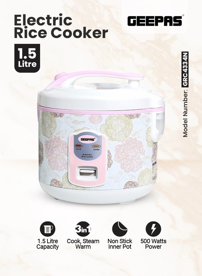 Non-Stick Electric Rice Cooker With Steaming Function, Non-Stick Inner Pot, Cool Touch Handle, Air Tight LID 1.5 L 544 W GRC4334N White/Pink/Green