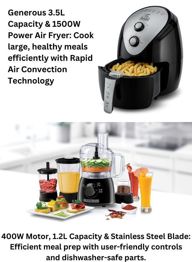 3.5L Air Fryer with Manual Control & 1500W Power + 400W 5-in-1 Kitchen Robot Deluxe Food Processor (1.2L) - Complete Cooking & Meal Prep Combo 5 L 1500 W AF150-B5+KR43-B5 Black