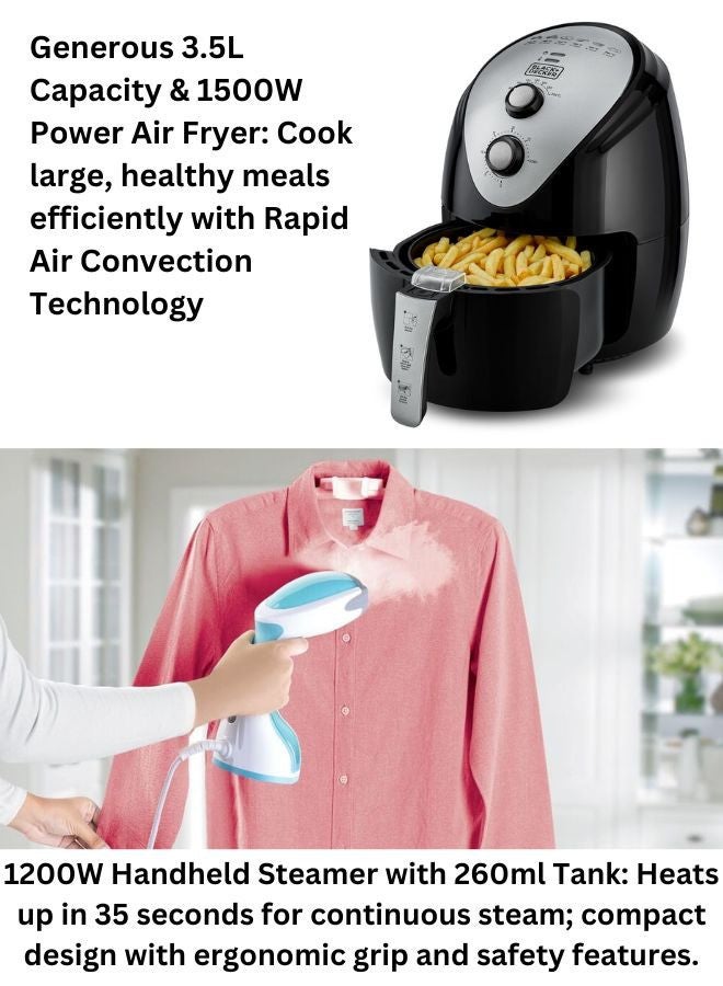 3.5L Air Fryer with Manual Control & 1500W Power + 1200W Handheld Garment Steamer with 260ml Tank – Complete Cooking & Garment Care Combo 5 L 1500 W AF150-B5+HST1200-B5 Black/White/Blue