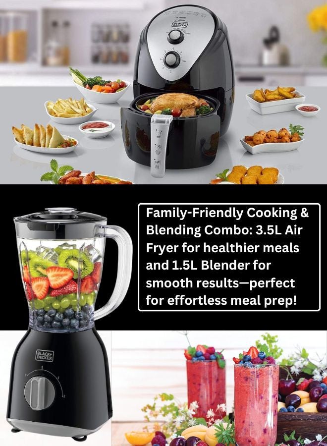 3.5L Air Fryer with Manual Control & 1500W Power + 1.5L Blender with 400W Motor & 2 Grinder Mills - Efficient Cooking & Blending Combo 5 L 1500 W AF150-B5+BX365-B5 Black