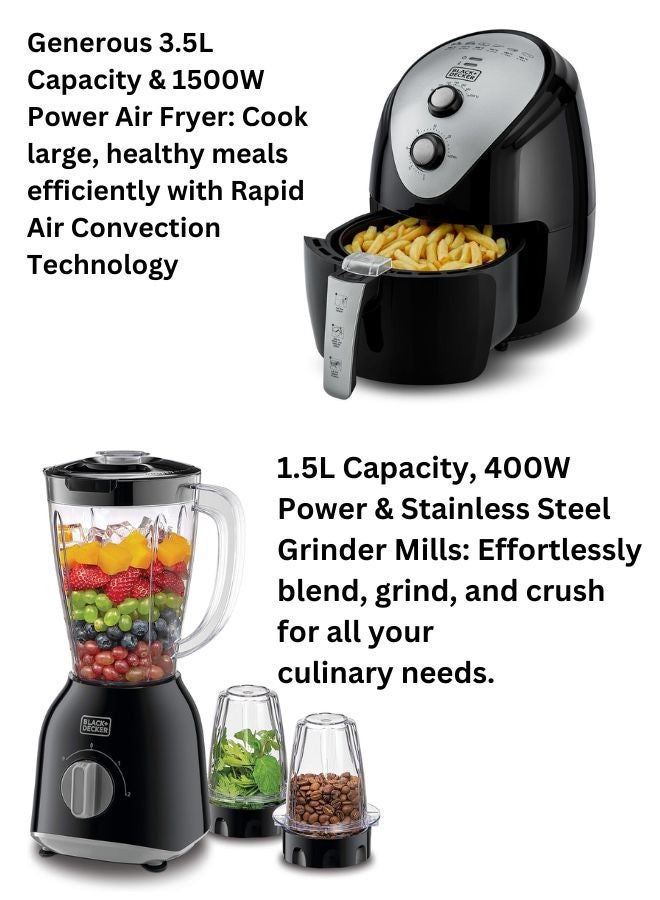 3.5L Air Fryer with Manual Control & 1500W Power + 1.5L Blender with 400W Motor & 2 Grinder Mills - Efficient Cooking & Blending Combo 5 L 1500 W AF150-B5+BX365-B5 Black