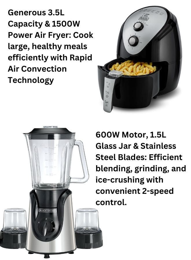 Black+Decker 3.5L Air Fryer with Manual Control & 1500W Power + 1.5L Blender with 600W Motor & 2 Grinder Mills - Efficient Cooking & Blending Combo 5 L 1500 W AF150-B5+BGG600-B9 Black