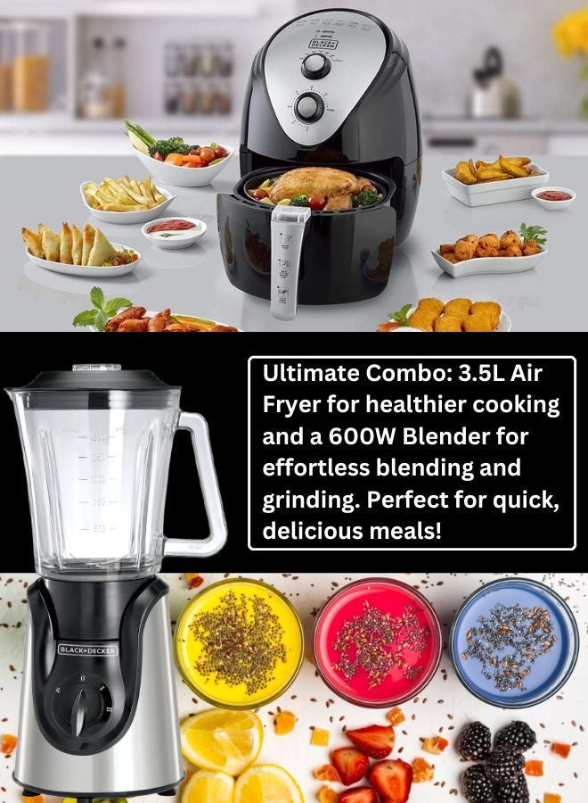 Black+Decker 3.5L Air Fryer with Manual Control & 1500W Power + 1.5L Blender with 600W Motor & 2 Grinder Mills - Efficient Cooking & Blending Combo 5 L 1500 W AF150-B5+BGG600-B9 Black