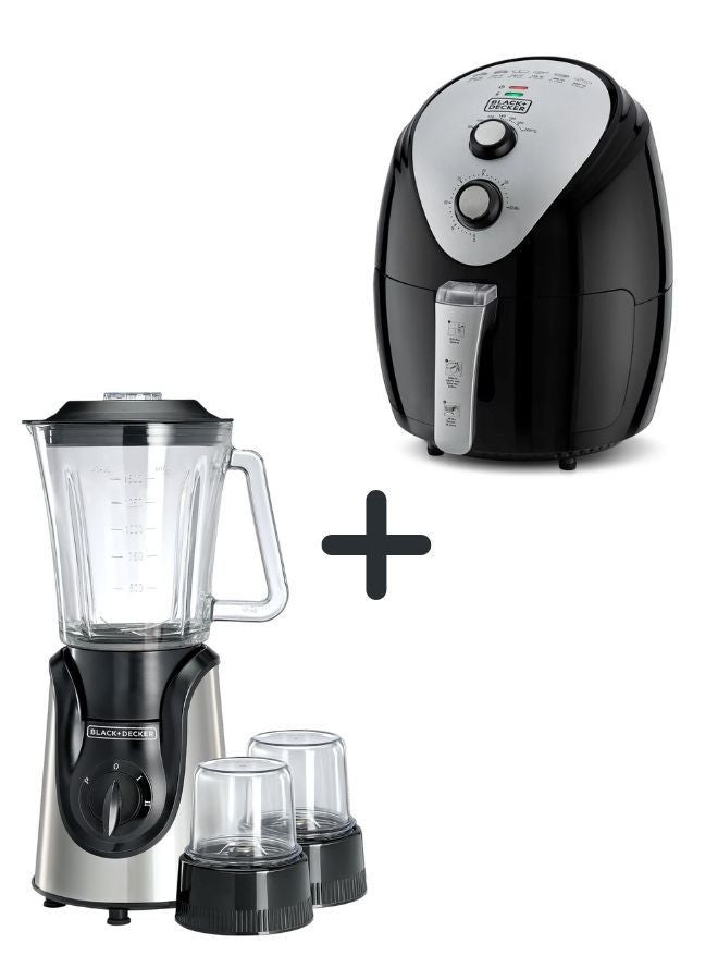 Black+Decker 3.5L Air Fryer with Manual Control & 1500W Power + 1.5L Blender with 600W Motor & 2 Grinder Mills - Efficient Cooking & Blending Combo 5 L 1500 W AF150-B5+BGG600-B9 Black