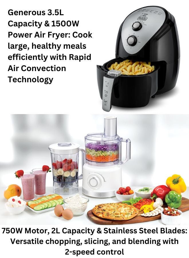 3.5L Air Fryer with Manual Control & 1500W Power + 750W Multifunction Food Processor with 2L Capacity & Stainless-Steel Blades - Ultimate Cooking & Food Prep Combo 5 L 1500 W AF150-B5+FX760-B5 Black/White