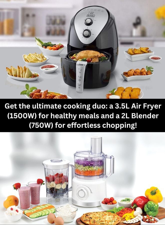 3.5L Air Fryer with Manual Control & 1500W Power + 750W Multifunction Food Processor with 2L Capacity & Stainless-Steel Blades - Ultimate Cooking & Food Prep Combo 5 L 1500 W AF150-B5+FX760-B5 Black/White