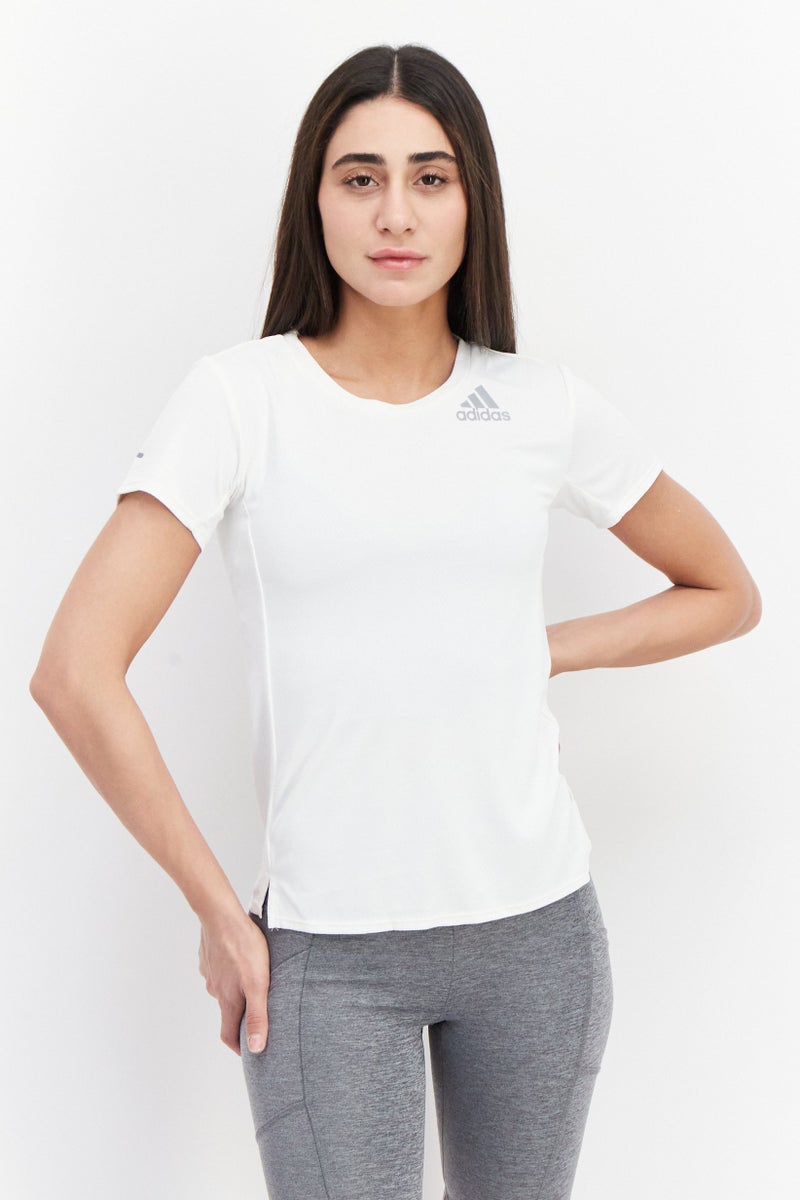 Women Regular Fit Short Sleeve Brand Logo Top, Cream