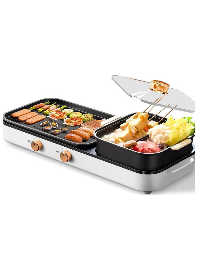 Electric Hot Pot with Grill, Indoor 2-in-1 Smokeless Shabu-Shabu & Korean BBQ Grill with Dual Temperature Control for 2-10 People, Multi-Function Simmer & Grill Pan for Home Cooking Parties