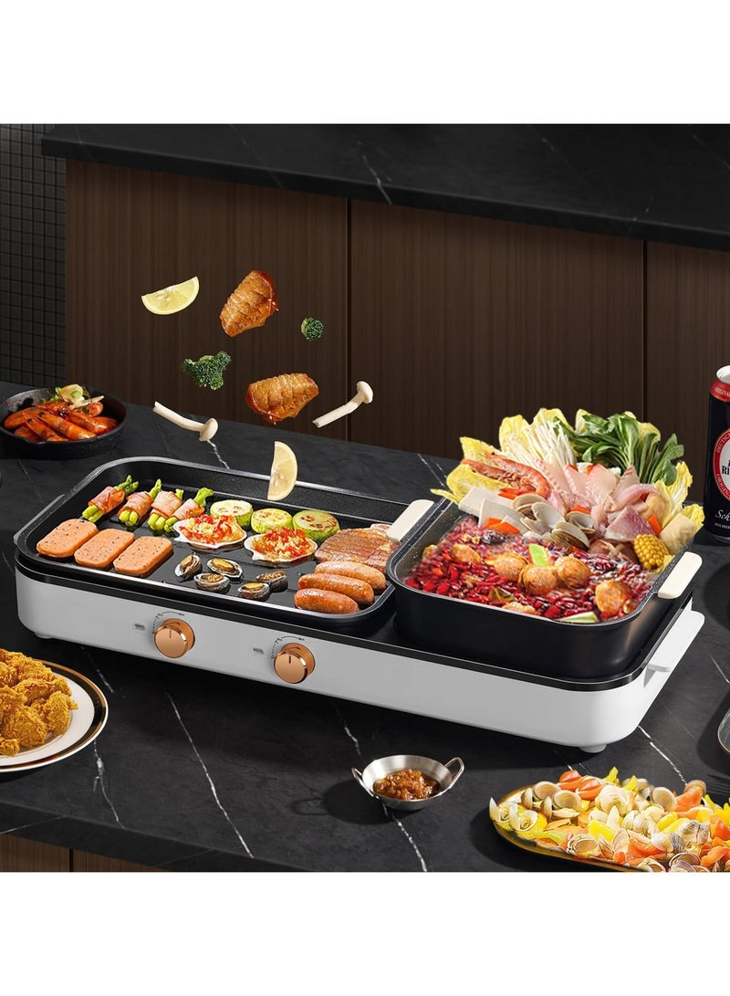 Electric Hot Pot with Grill, Indoor 2-in-1 Smokeless Shabu-Shabu & Korean BBQ Grill with Dual Temperature Control for 2-10 People, Multi-Function Simmer & Grill Pan for Home Cooking Parties