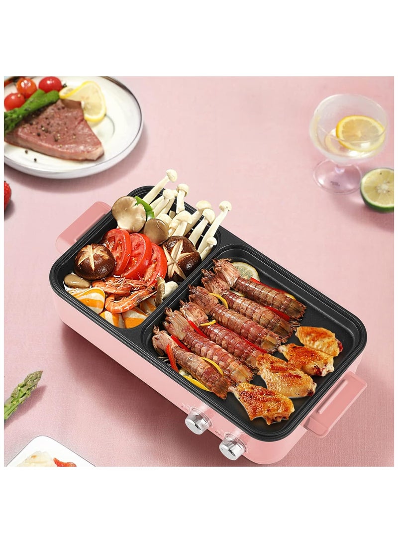 Indoor Smokeless Grill with Hot Pot, 1200W 2-in-1 Electric Tabletop Korean BBQ Grill for 3-4 People, Dual Temperature Control, Thermal Protection, Non-Stick Surface, Compact & Stylish (Pink)