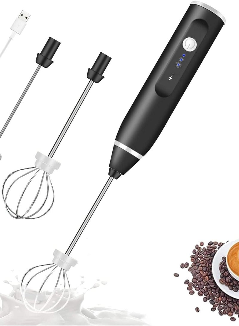 Milk Frother Handheld, Immersion Blender Cordlesss Foam Maker USB Rechargeable Small Mixer with 2 Stainless Whisks, Stirring 3-Speed Adjustable Mini Frother for Cappuccino Latte Coffee Egg
