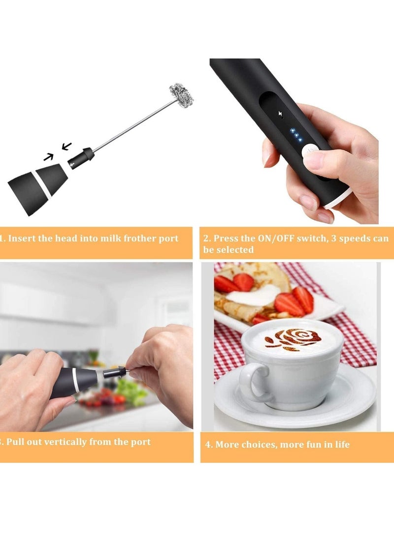 Milk Frother Handheld, Immersion Blender Cordlesss Foam Maker USB Rechargeable Small Mixer with 2 Stainless Whisks, Stirring 3-Speed Adjustable Mini Frother for Cappuccino Latte Coffee Egg