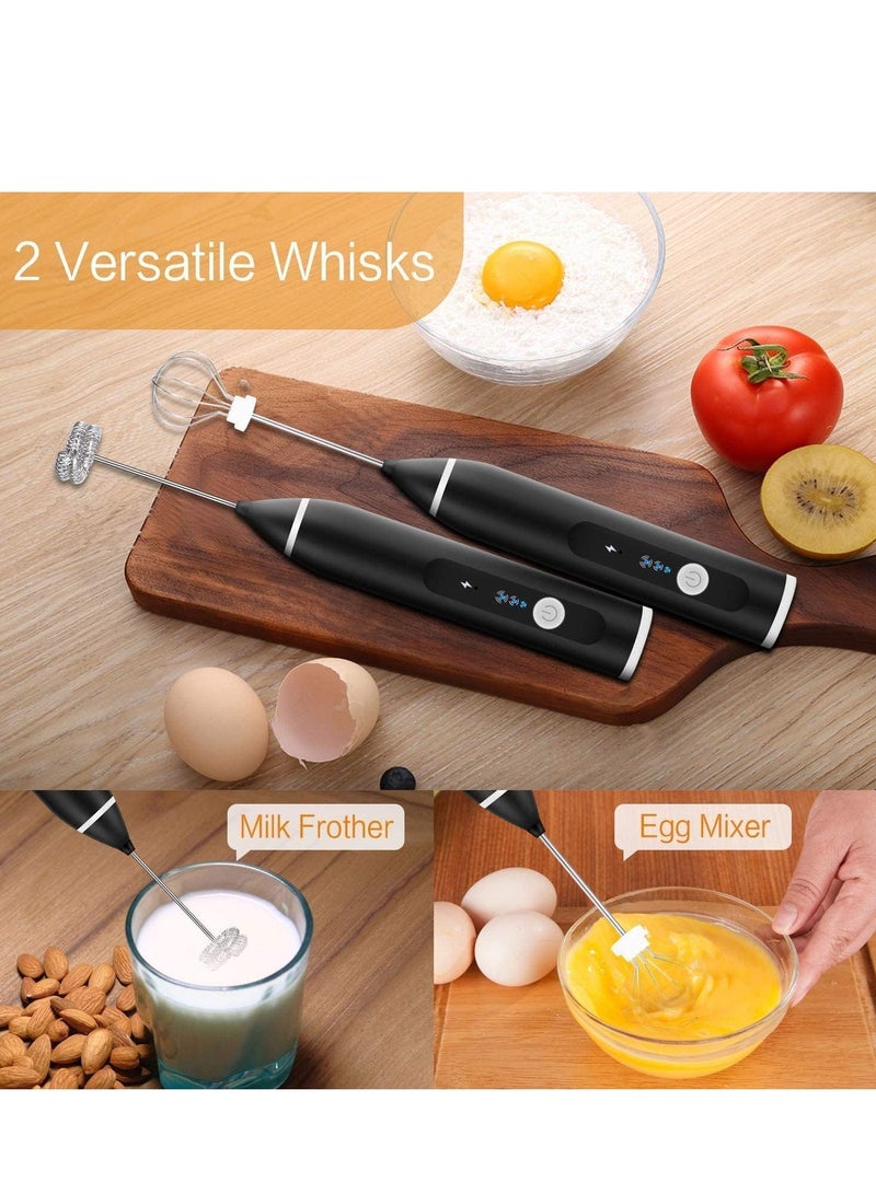 Milk Frother Handheld, Immersion Blender Cordlesss Foam Maker USB Rechargeable Small Mixer with 2 Stainless Whisks, Stirring 3-Speed Adjustable Mini Frother for Cappuccino Latte Coffee Egg