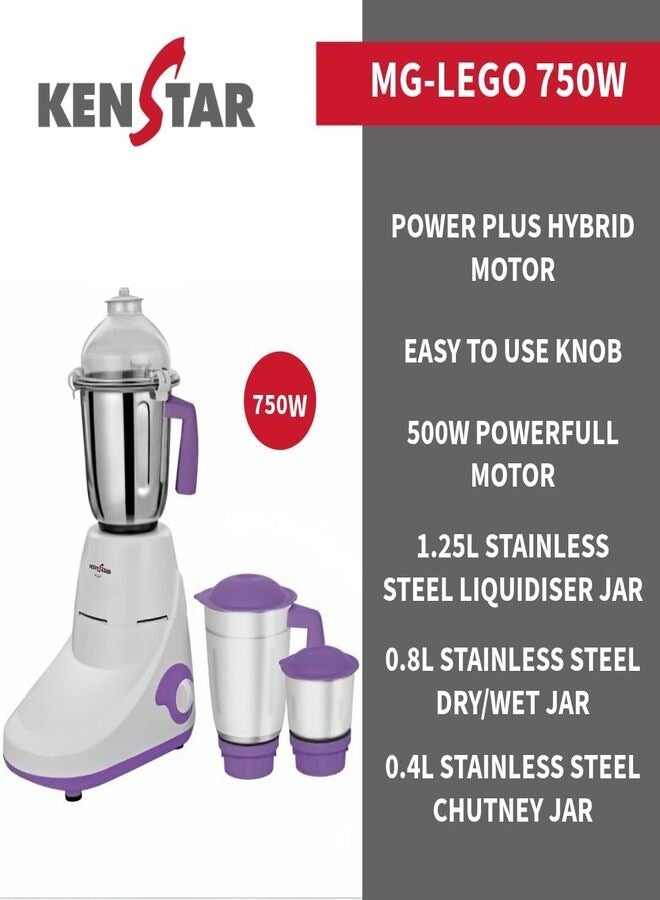 Kenstar Mixer Grinder with Powerplus Hybrid Motor and 3 Multi Function Stainless Steel Jars 500W (750, Watts)