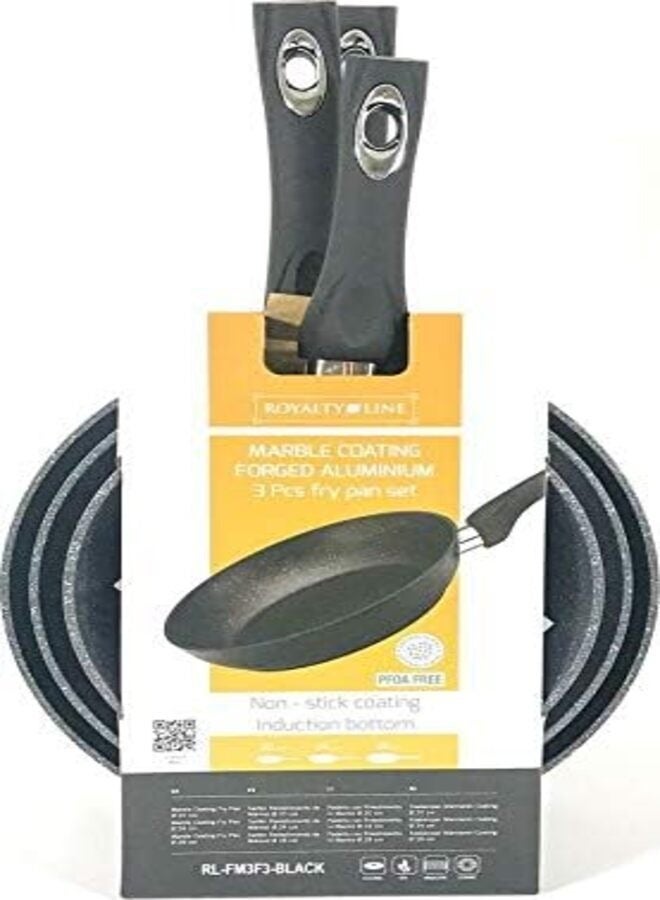 Royalty Line 3 Pcs Fry Pan Set Non-Stick, Marble Coating, 28 Cm & 24Cm & 20Cm, Copper, Anti Bacterial, Dishwasher Safe.RL-FM3F BLACK