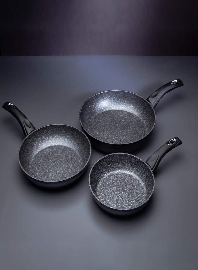 Royalty Line 3 Pcs Fry Pan Set Non-Stick, Marble Coating, 28 Cm & 24Cm & 20Cm, Copper, Anti Bacterial, Dishwasher Safe.RL-FM3F BLACK