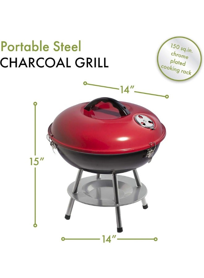 Portable Charcoal Grill 14” x 14” x 15”, 14 Inch Compact Outdoor BBQ Grill for Camping, Tailgating, and Backyard | Durable Red Steel Construction with Easy Air Vent Control | Lightweight, Travel-Friendly