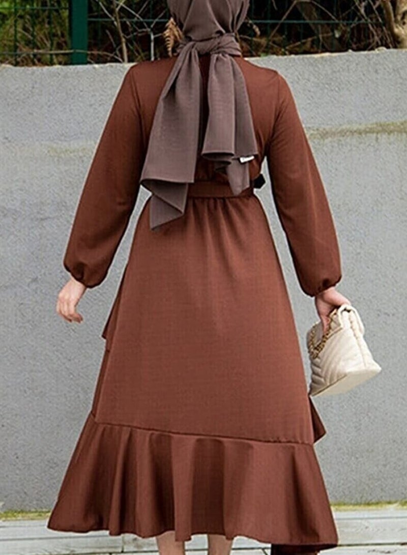 Elegant Middle Eastern-Inspired Dress with Pleated Hem and Stylish Belt - Perfect for Muslim Professional Women and Versatile Occasions