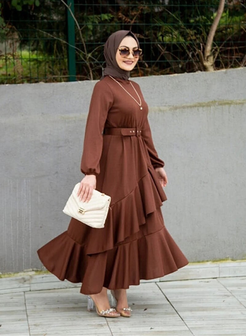 Elegant Middle Eastern-Inspired Dress with Pleated Hem and Stylish Belt - Perfect for Muslim Professional Women and Versatile Occasions