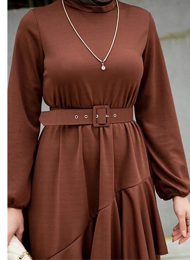 Elegant Middle Eastern-Inspired Dress with Pleated Hem and Stylish Belt - Perfect for Muslim Professional Women and Versatile Occasions