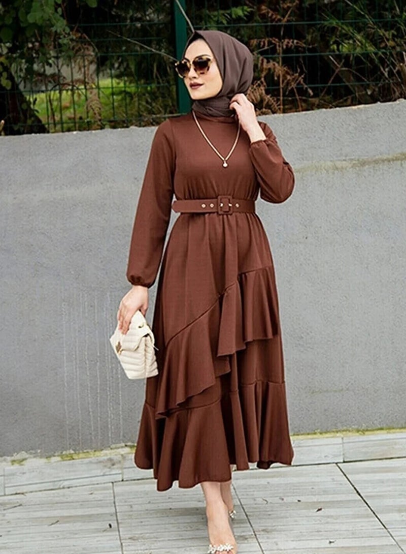 Elegant Middle Eastern-Inspired Dress with Pleated Hem and Stylish Belt - Perfect for Muslim Professional Women and Versatile Occasions