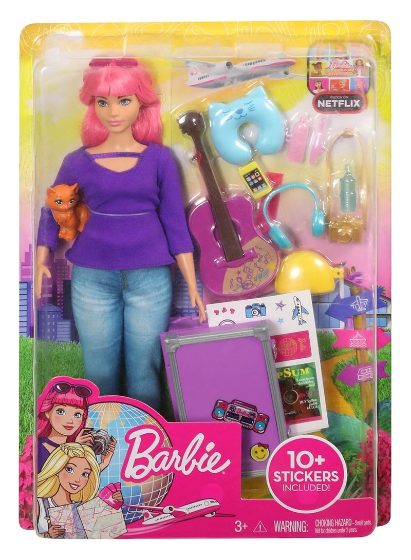 Barbie Daisy Doll And Travel Set, Pink Hair, Curvy, With Kitten, Guitar, Luggage, Stickers And 9 Accessories