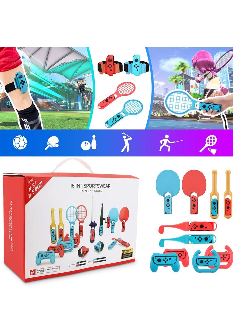 18 in 1 Switch Sport Games Accessories Bundle for Nintendo Switch Games, Family Bundle Accessory Kit with Tennis Racket Controller Grips Racing Wheel Bandage Golf Club Wheels Drum Stick Fishing Rod