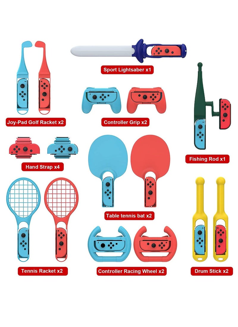 18 in 1 Switch Sport Games Accessories Bundle for Nintendo Switch Games, Family Bundle Accessory Kit with Tennis Racket Controller Grips Racing Wheel Bandage Golf Club Wheels Drum Stick Fishing Rod