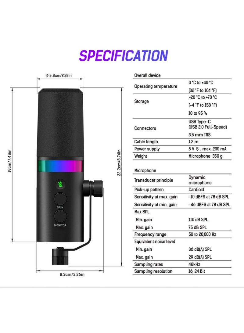 USB XLR Dynamic Microphone Touchmute Headphone Jack Volume Control For Youtube PC Game Sound Card Recording Metal LM20 (Microphone and Base)