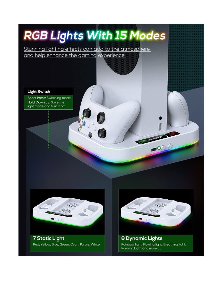 Cooling Fan Stand for Xbox Series S with RGB Light Strip, Upgraded Dual Controllers Charging Dock Accessories with 2 X 1400mAH Rechargeable Battery Pack, Headset Hook & USB Ports, White